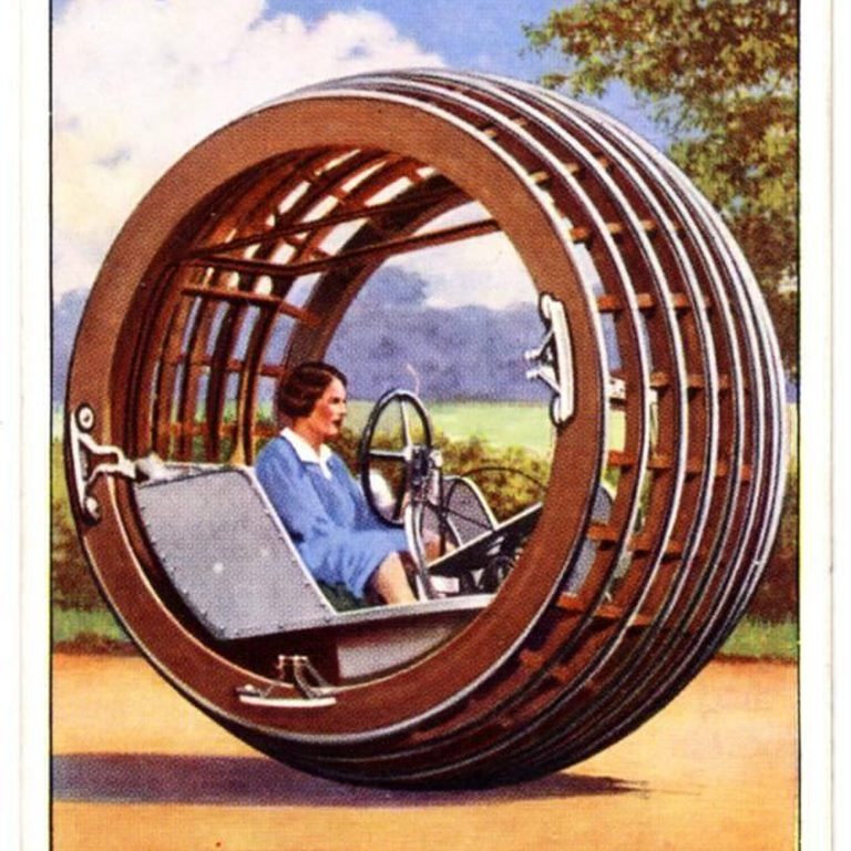 Carte Churchman’s de 1938 montrant la Dynasphere, grande roue habitable conduite par une femme