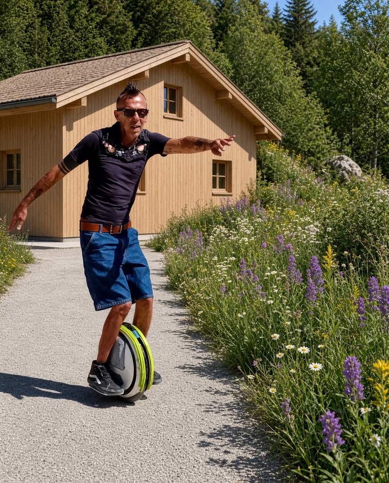 Homme en équilibre sur une gyroroue solaire HelioEvents devant un chalet en bois, au bord d'un chemin fleuri