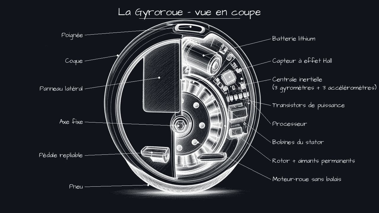 Schéma en coupe de la Gyroroue Solaire HelioEvents : moteur-roue, capteurs, batterie et électronique, tracé blanc sur fond sombre